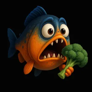 překvapená oranžovomodrá piraňa ve stylu pixar, kerá drží v ploutvy nakousanou brokolici ,to celé na černém pozadí