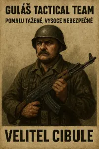 Guláš Tactical Team,,Pomalu tažené, vysoce nebezpečné ‘’Obrázek vojáka a pod tim nápis velitel cibule