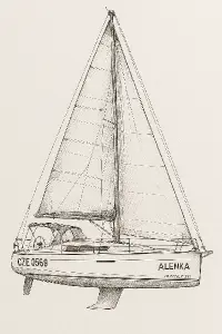 Perokresba plachetnice Odyssey 349. Na přídi označení CZE 0569. Jmeno lodi: ALENKA.