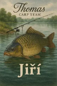 kapr ve vodě a v zadu pruty a voda, ve předu jmeno Jiří v zadu napsano okrasným písmem Thomas Carp Team