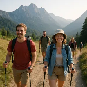 5 turistů 2 turisti v předu skupiny, 1 dál za nimi dál za ním další a 1 daleko jako poslední