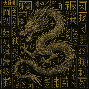 Chaotic asian symbols, japanese chinese arabic runes, gold on black, dragon, dense cyberpunk style, no english text