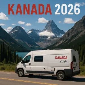 Obrázek kanadských hor a obytné dodávky s nápisem kanada 2026