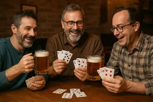 Tři muži jak pijí pivo a hrajou karty