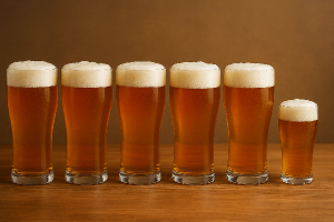 šest piv a malé pivo v řadě vedle sebe