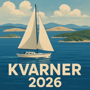 Ostrovy Krk, Rab, Lošinj, Cres. V popředí plachetnice a nápis Kvarner 2026