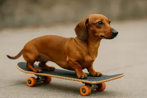 Trpasličí jezevčík na skateboardu