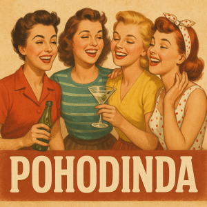 Dámská jízda, retro styl, text: pohodinda