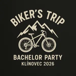 Hlavní text: BIKER´S TRIPMenší text: bechelor party - Klínovec 2026Symbol: horského kolo, hory