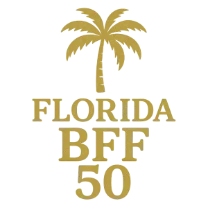 Palmu s nápisem pod sebou FLORIDA BFF 50 ve zlaté barvě bez podkladu jen nápis