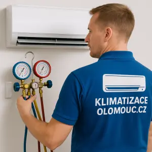 zepředu klimatizaceOlomouc.cz do toho dát technik a vzadu na záda dát to stejné obrázek klimatizace s manometrem