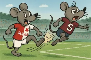 Myš v dresu slavia nakopla myš do zadku v dresu sparta , myš v dresu sparta leti pres stadion