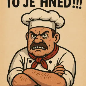 Naštvaný kuchař a nad ním text To je HNED!!!