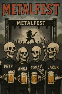 Chci aby tam bylo metalfest patra přátel které jsou kostry kteří koukají na podium a a piji pivo a jména