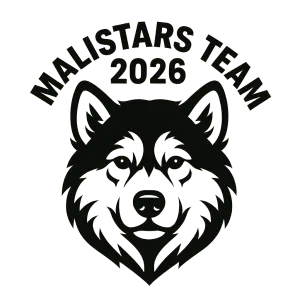 mělo by to být logo nadpis Malistars team 2026v pulkruhu nad psima ušima