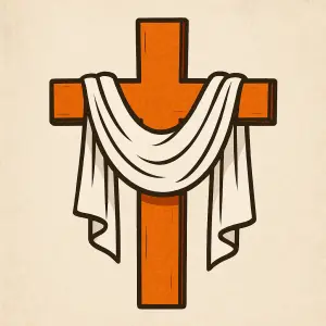 Oranžový křesťanský kříž s bílým rouchem, šátkem přes střed