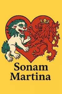 Tibetský sněžný lev a český lev v srdci, pozadí obrázku bude žluté Text: Sonam a Martina