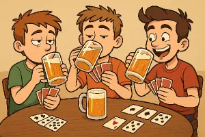 Tři animovaní chlapci jak pijí pivo a hrajou karty