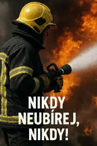 Vytvoř prosím obrázek , na kterém bude hasič při zásahu a nápis : Nikdy neubírej, nikdy!