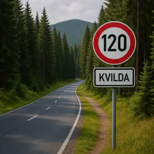 grafika horská cesta v lese s dopravní značkou rychlosti 120 a pod ní doplňková cedule Kvilda