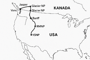 obrysova mapa USA Kanada se znazornenou trasou - DEN,RMNP,GTNP,YSNPGlacierNP,Banff,Jasper,Vanc,SEA