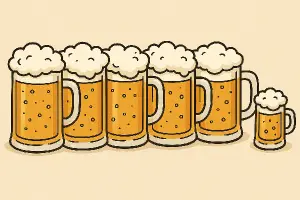 kreslený obrázek, šest piv a k tomu ještě jedno malé pivo v řadě vedle sebe, půllitry s uchem bez zdobení