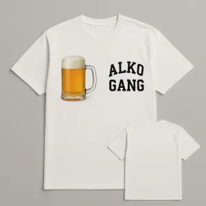 Na přední straně u srdce fotka piva v půllitru a na zadní straně napsáno alko gang