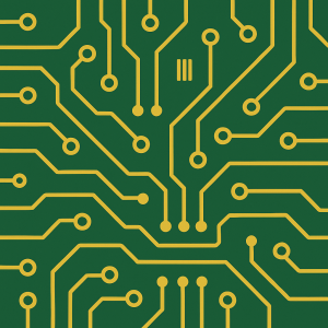 Minimalistický PCB (motherboard) vzor pro potisk elastanové čepice. Plochý 2D design, zelené pozadí, žlutozlaté spoje