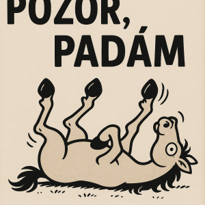 Napis “pozor, padám “ a tam kresleny obrazek kone leziciho ktery ma kopyta ve vzdudhcz