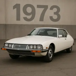 orezany obrazek citroen sm, bílý, US verze, v pozadí za vozem datum 1973