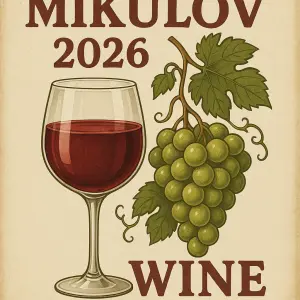 sklenice s vínem a vinná réva, text MIKULOV 2026, pod tím na druhém řádku WINE