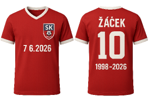 předek: nalevo logo SK PRACE (nahráno), napravo datum 7.6.2026. zadek: jméno ŽÁČEK, číslo 10, období kariéry 1998-2026