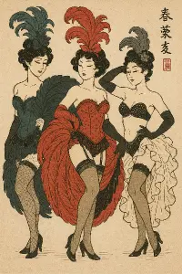 Tři burleskní tanečnice namalované ve stylu japonských kreseb