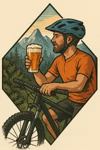 vytvoř obrázek s cyklistou na horském kole, pivo, vše v kosodélníku na výšku