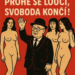 Potřebuju tam napiš PROHE se loučí, svoboda končí!A kolem makety žen nahých