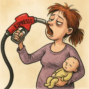 Karikatura unavená matka lije do sebe z tankovací pistole s nápisem espresso kafe