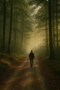 Les, lesní cesta, kráčející postava