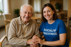 Senior, který žije v domove pro seniory. Tričko na sobě bude mit socialni pracovnice