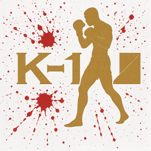 K-1 LOGO SE SIULETOU K-1 Bojovníkem ve zlaté barvě s okolím pocakane krvi bílé pozadí