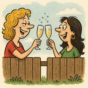 Dvě krásky si přes plot připíjí proseccem Aby byla každá na jedné straně plotu a obrázek byl kreslený, jako karikatura