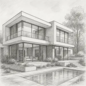 luxusní moderní vila, kresba tužkou