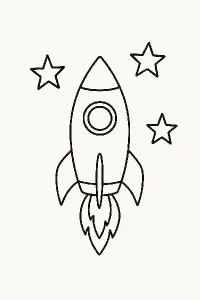 raketa nakreslená v outlinech kolem ní jsou tři hvězdy