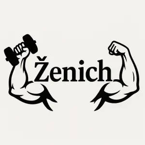 Černý nápis Ženich ve fontu ZY Bliss. Po bocích nápisu dvě vyposilované ruce zatnuté v biceps. V jedné ruce činku.