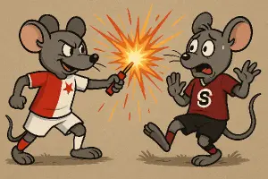 Myš v dresu slavia stříli světlici po myši v dresu sparta