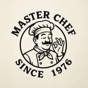 Kolem obrázku nápis "Master Chef since 1976"-horní oblouk část "Master Chef", dolní oblouk "since 1976"