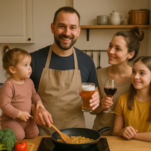 pána má krátké strniště,domácí kuchař pro dvě dcery(jedná má dva roky,druhá 11)a manželku s drdolem,pivo, sklenička vína