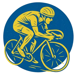 Abstract Picture of a racing cyclist wearing 70s style helmet. Only in yellow. On a blue circle. No background