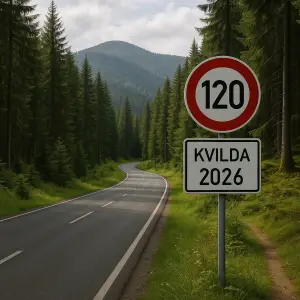 horská lesní cesta s dopravní značkou rychlosti 120 a pod ní doplňková cedule Kvilda 2026