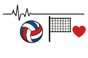 krivka EKG potom obrazek volejbaloveho mice v barvach modra, cervena, bila, pak grafika volejbalove site, nakonec srdce