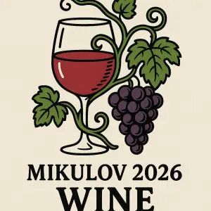 Vtipná kombinace sklenice s vínem a vinná réva, zakomponovat text MIKULOV 2026, pod tím na druhém řádku WINE